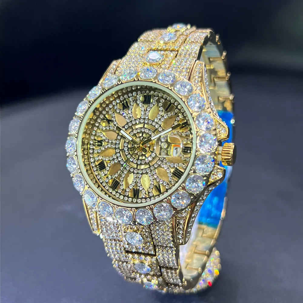 MISSFOX Fashion lced Out Silver Mens Watch Luxury Calendar Waterproof Watch For Man Hip Hop High Quality Big Diamond Wristwatch