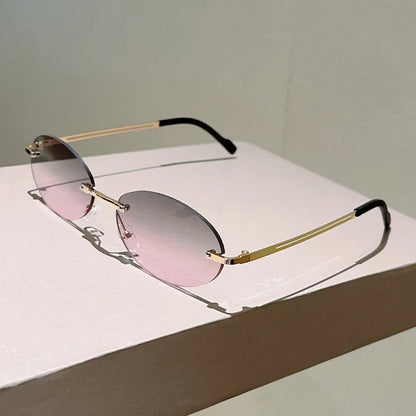 Rimless Oval Sunglasses Women 2026 Luxury Brand Vintage Small Frame Gold Metal Gradient Lens Y2K Punk Streetwear Fashion Eyewear