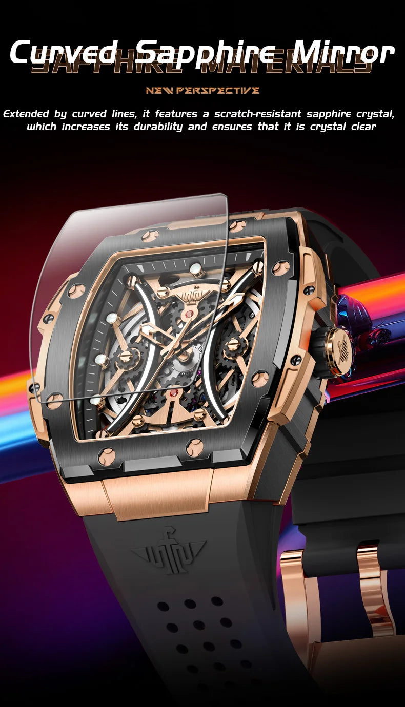 OUPINKE Men's Watches Classic Luxury Tonneau Dial Top Brand Original Automatic Mechanical Wristwatch Silicone Strap Sapphire New