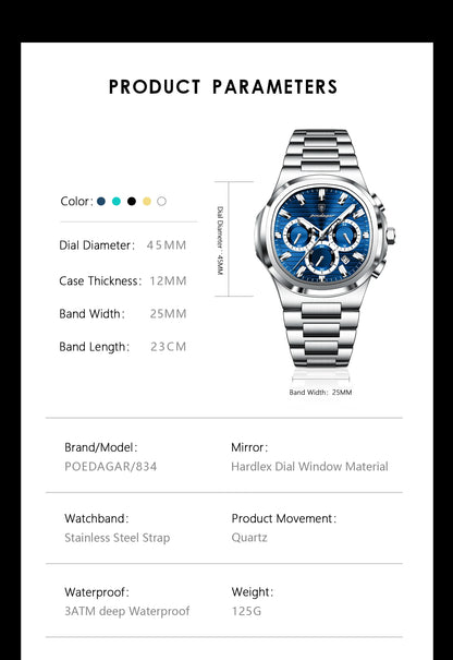 POEDAGAR Men’s Luxury Stainless Steel Quartz Watch  Waterproof Chronograph with Luminous Dial & Date
