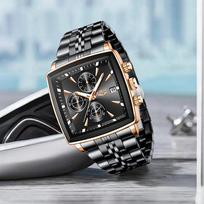 Relojes de lujo para hombre LIGE, modelo cuadrado, estilo clásico y moderno, de acero inoxidable, resistentes al agua, deportivos y desenfadados, con mecanismo de cuarzo.