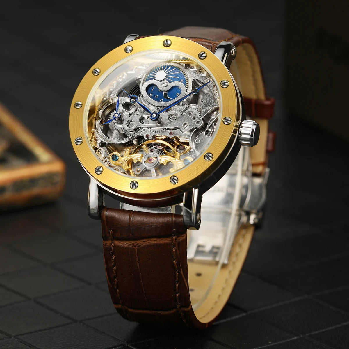 Reloj de pulsera mecánico automático SKROX para hombre, modelo esqueleto con función GMT, fase lunar y tourbillon: reloj de lujo de alta gama, elegante y original.