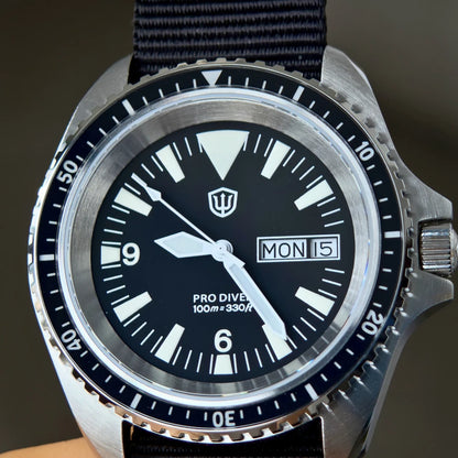 Herenhorloge van roestvrij staal. Vorm van de kast: rond