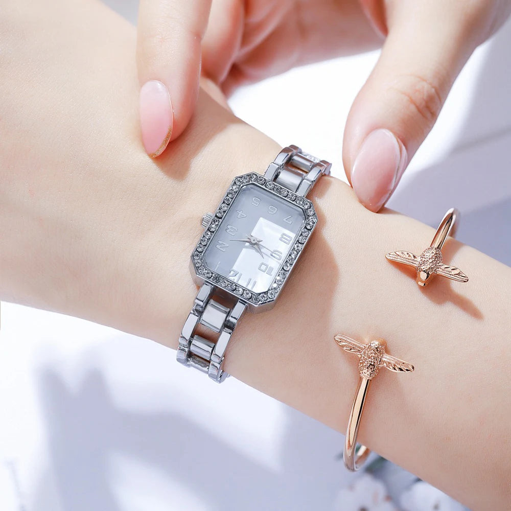 Luxury Women's Watch 2023 New Simple Square Full Diamond Digital Quartz Watch Gold Stainless Steel Bracelet Women's Dress Clock