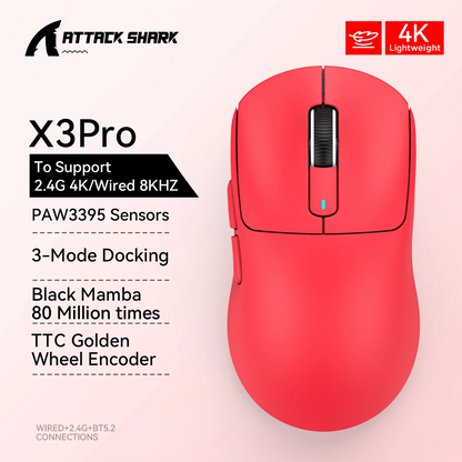 X3 Gaming Mouse Wireless ATTACK SHARK Rot 4K Rückläufe, Bluetooth-Tri-Mode-Verbindung, PAW3395, Makro-Bluetooth-Gaming-Maus