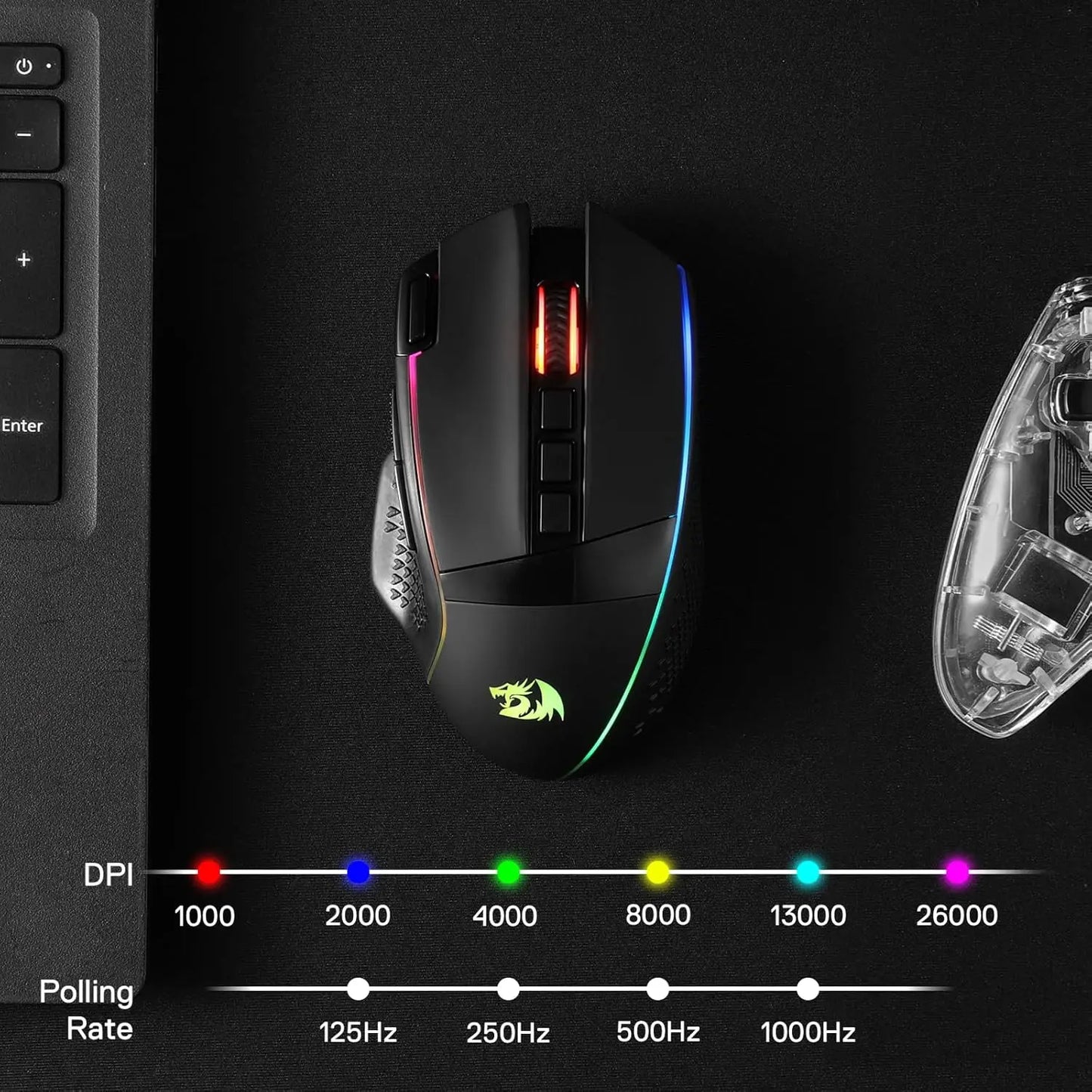 Redragon M991 trådlös gamingmus 26000 DPI, 3 lägen för gamers, 9 makroknappar, RGB-bakbelysning, svart