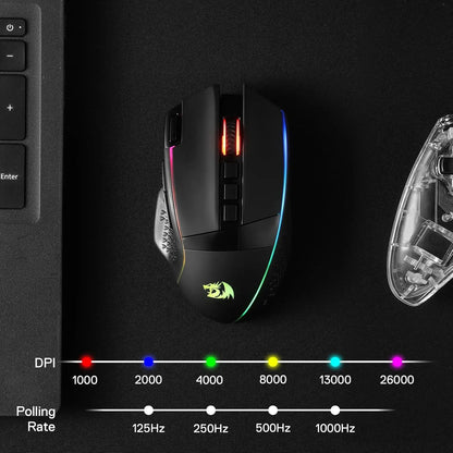 Redragon M991 trådlös gamingmus 26000 DPI, 3 lägen för gamers, 9 makroknappar, RGB-bakbelysning, svart