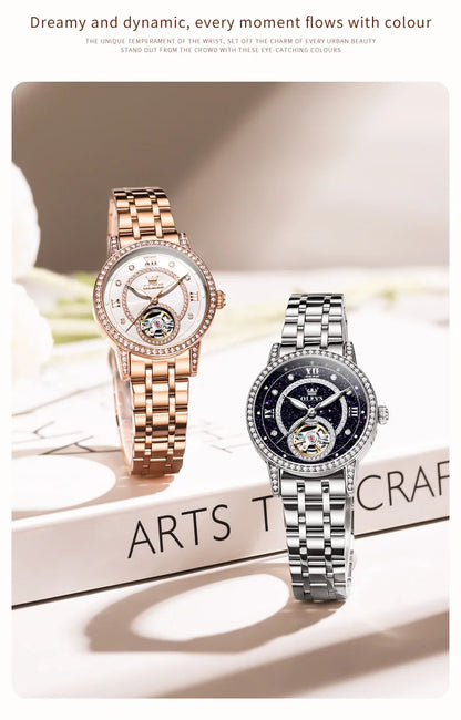 OLEVS Women’s Luxury Automatic Skeleton Watch  Starry Sky Stainless Steel Mechanical Wristwatch