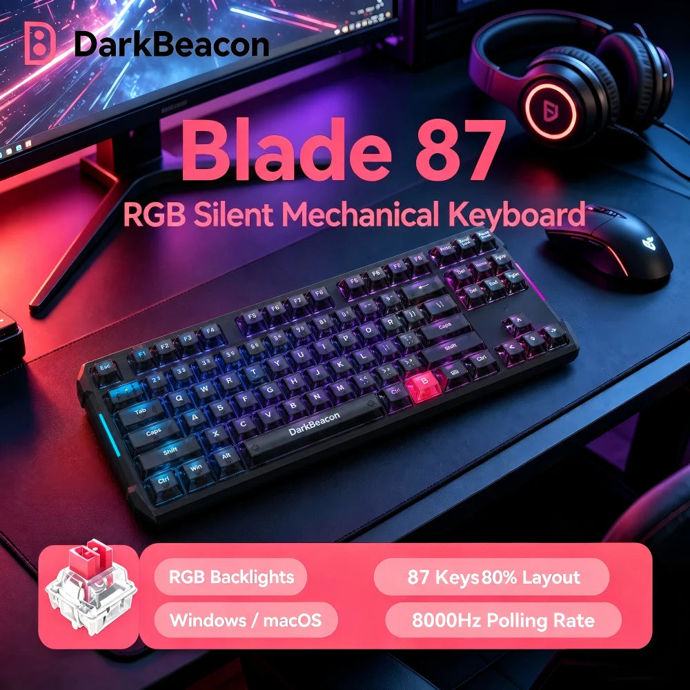 DarKBeacon RGB 87 Tasten kompaktes TKL-Keyboard, USB-kabelgebunden, Hot-Swappable, leise mechanische Tastatur für Windows-Laptop, PC, Gaming und Arbeit