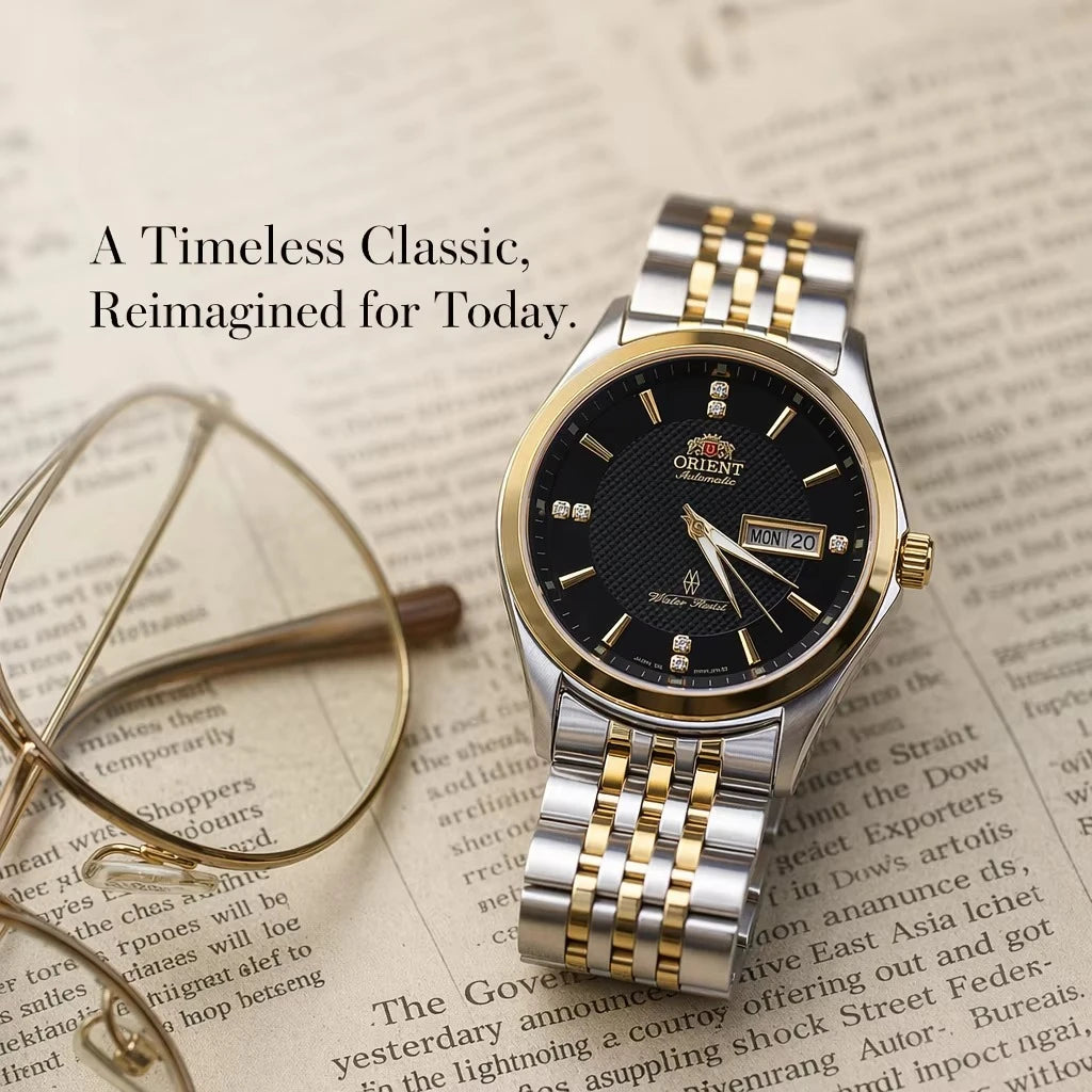 Orient automatisch mechanisch herenhorloge, met dubbele kalender (datum en dag van de week), kristallen indexen en roestvrijstalen armband – Polshorloge in professionele stijl