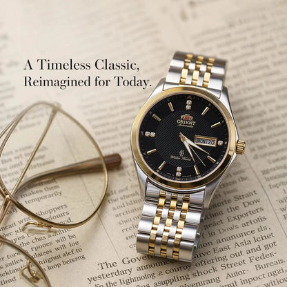 Orient automatisch mechanisch herenhorloge, met dubbele kalender (datum en dag van de week), kristallen indexen en roestvrijstalen armband – Polshorloge in professionele stijl