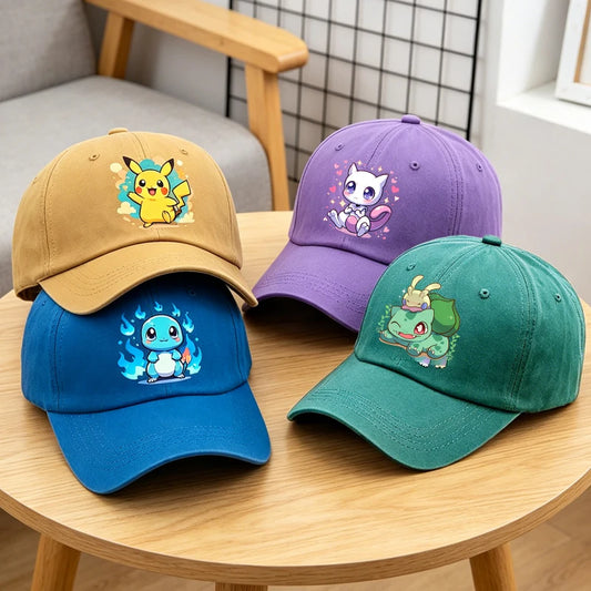 Kawaii Pokemons Adult Washed Baseball Cap Pikachu Mewtwo Bulbasaur Peak Cap Cute Cartoon Men Women Travel Sunshade Beach Sunhat