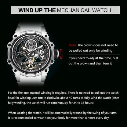 MEGIR Skeleton Dial Automatic Mechanical Watch Men Stainless Steel Case Waterproof Luminous Sport Wristwatch with Silicone Strap