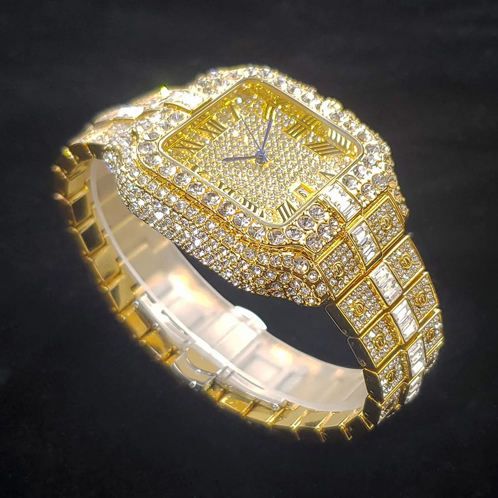 Luxurious Full Diamond Watch For Men Popular Rose Gold Iced Out Quarz Watches Fashion Hip Hop Jewelry Reloj Hombre Dropshipping