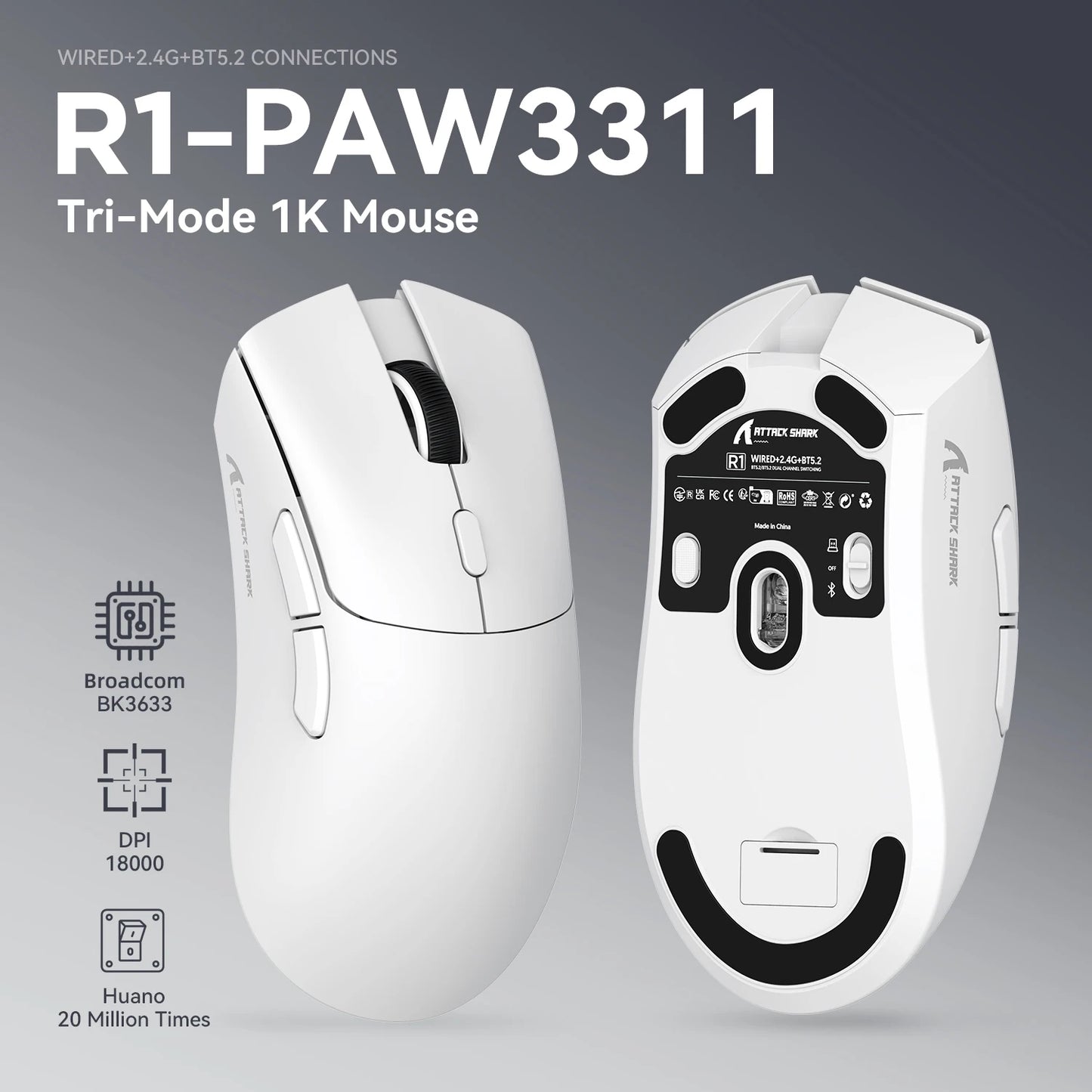 Mysz gamingowa ATTACK SHARK R1 Tri-mode, sensor PixArt PAW3311, 18000 DPI, 1000hz, ultralekka 59g, do dużych dłoni, do PC/Mac