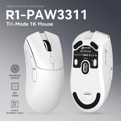 Mysz gamingowa ATTACK SHARK R1 Tri-mode, sensor PixArt PAW3311, 18000 DPI, 1000hz, ultralekka 59g, do dużych dłoni, do PC/Mac