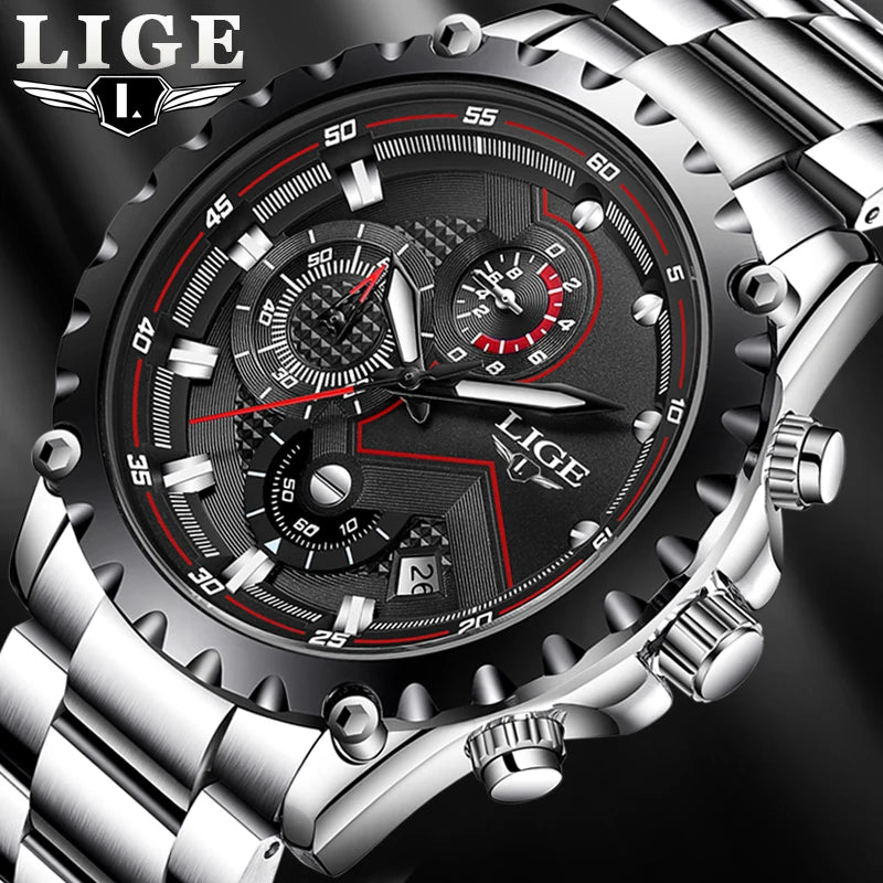 Orologio da uomo LIGE – Orologio al quarzo di tendenza, marchio di lusso, interamente in acciaio, stile professionale, impermeabile e sportivo – Fornito con scatola