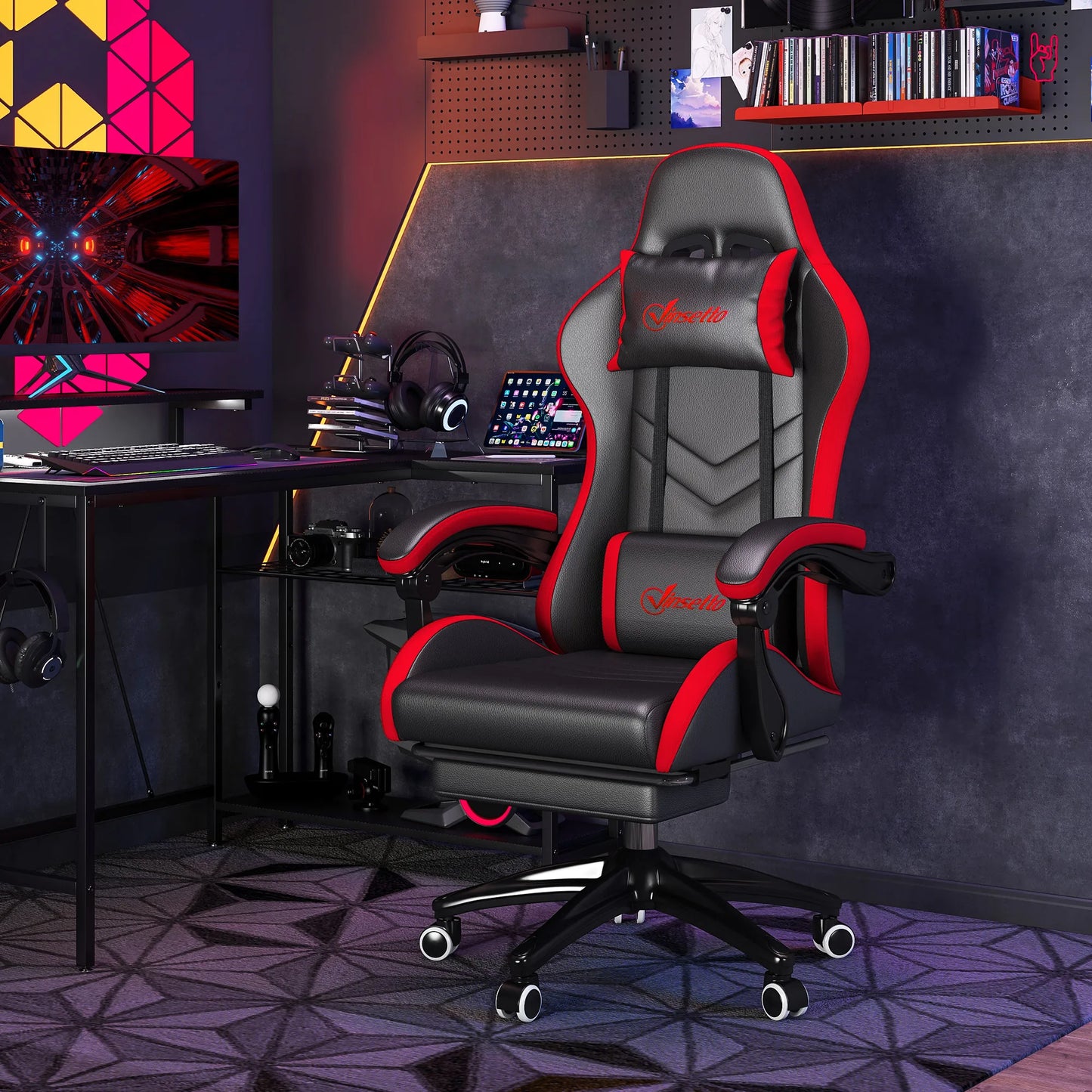 Vinsetto Ergonomic Reclining Gaming Chair 135 ° , Pu Leather Racing Gamer Chair with Lumbar Support, Adjustable Height, Headrest and Retractable Footrest, for Office, Study, Black and Red