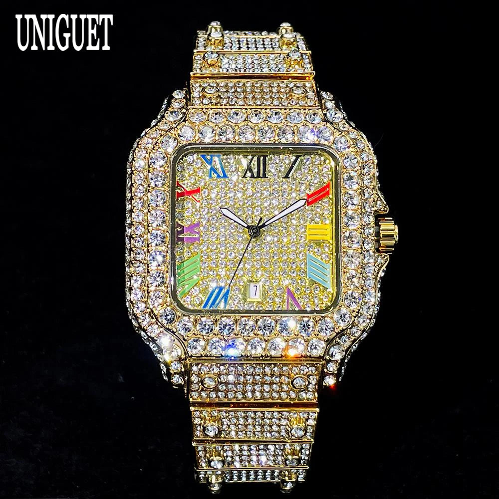 UNIGUET Big Diamond Watch Men Luxury Colored Roman Literal Watch Man Hip Hop Jewelry Bling Bling Square Wristwatch Dropshipping