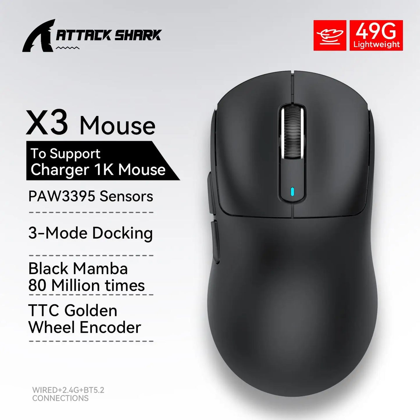 X3 Gaming Mouse Wireless ATTACK SHARK Rot 4K Rückläufe, Bluetooth-Tri-Mode-Verbindung, PAW3395, Makro-Bluetooth-Gaming-Maus