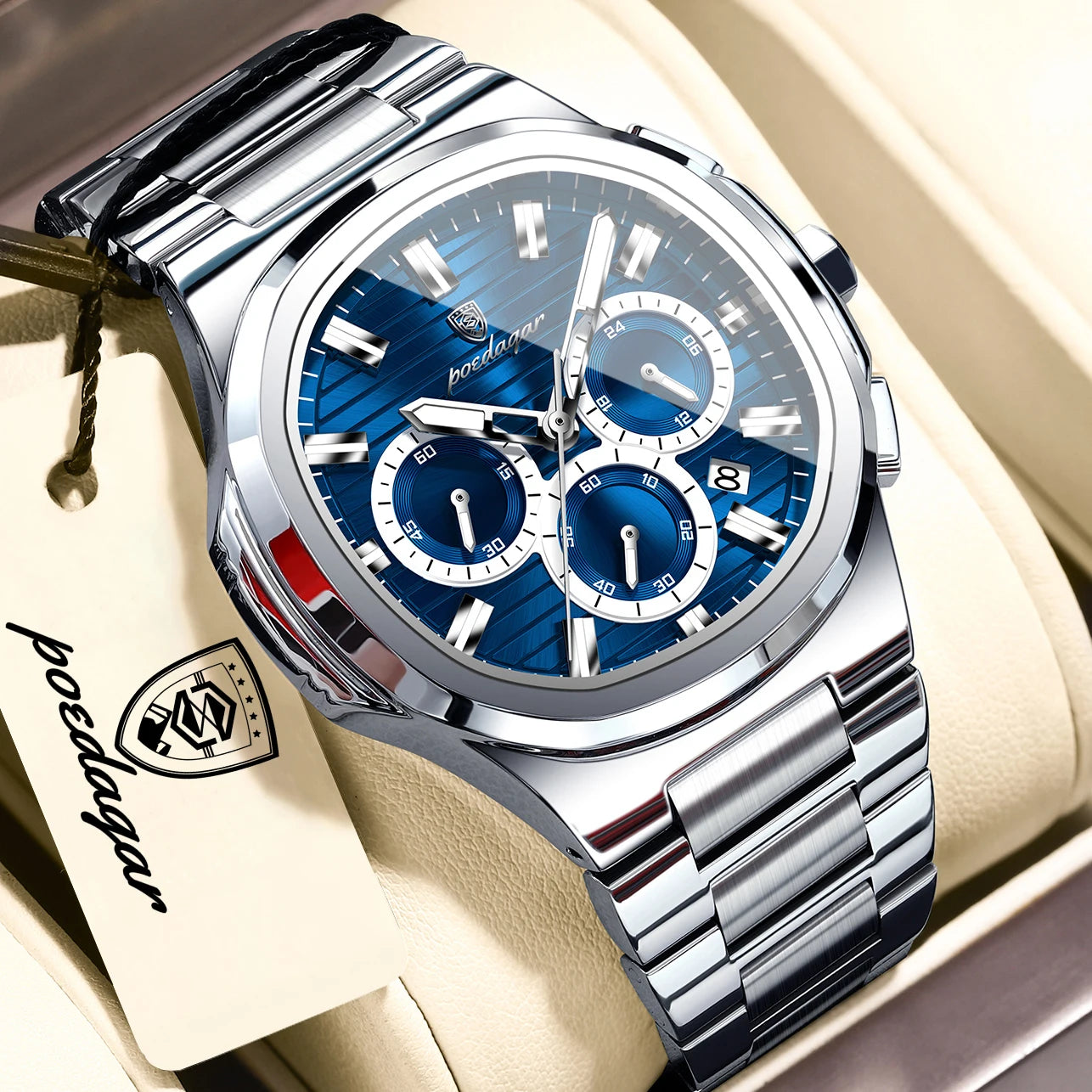 POEDAGAR Men’s Luxury Stainless Steel Quartz Watch  Waterproof Chronograph with Luminous Dial & Date