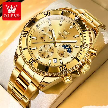 Reloj OLEVS para hombre, marca de lujo, reloj militar de cuarzo dorado, resistente al agua, fecha luminosa, caja de acero inoxidable.
