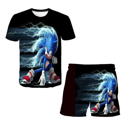 Sonic The Hedgehog Top Fashion 3D Anime Children's T-shirt Set Short Sleeve + Shorts Two-piece Set Girls Boys Cosplay Costume
