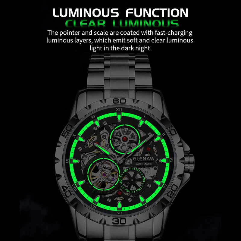 GLENAW Steampunk Skeleton Men's Watch Ring Luxury Automatic Mechanical Watches Luminous Waterproof Stainless Steel Strap Watch
