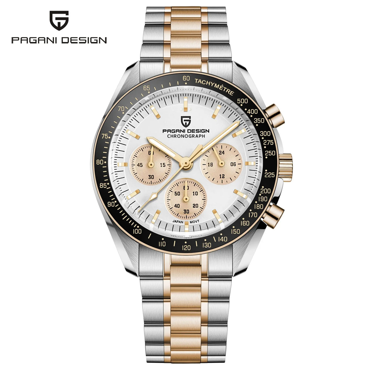 PAGANI DESIGN herenhorloge „New Moon“ – Luxe quartzhorloge, chronograaf, saffierglas met antireflectiebehandeling, keramische lunette, lichtgevende wijzers