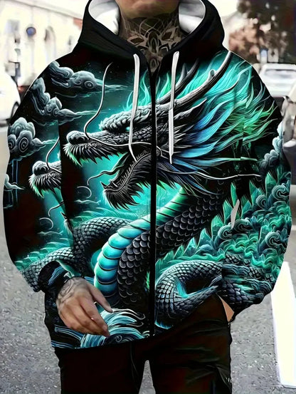 Sweatshirt com capuz e fecho de correr para homem, com estampado de dragão, cordão ajustável, manga comprida, corte oversize, para atividades ao ar livre e viagens, outono/inverno