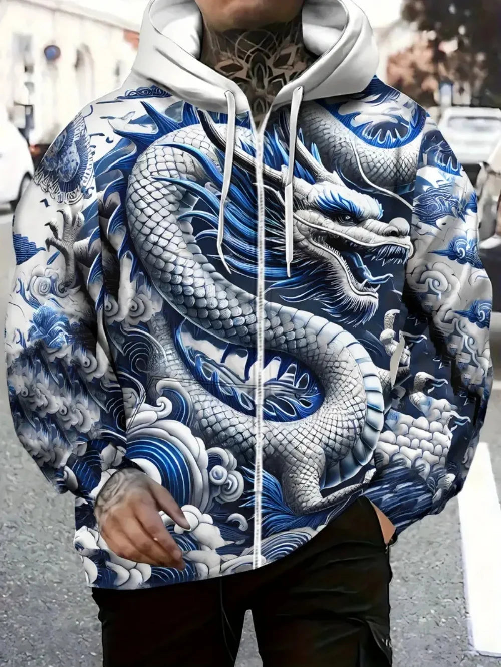 Sweatshirt com capuz e fecho de correr para homem, com estampado de dragão, cordão ajustável, manga comprida, corte oversize, para atividades ao ar livre e viagens, outono/inverno