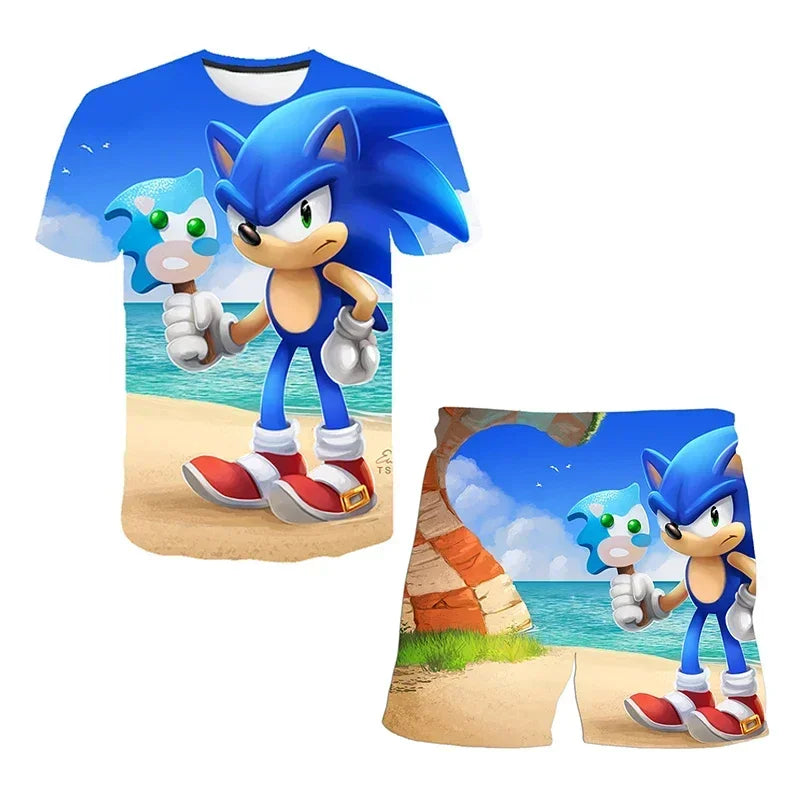 Sonic The Hedgehog Top Fashion 3D Anime Children's T-shirt Set Short Sleeve + Shorts Two-piece Set Girls Boys Cosplay Costume