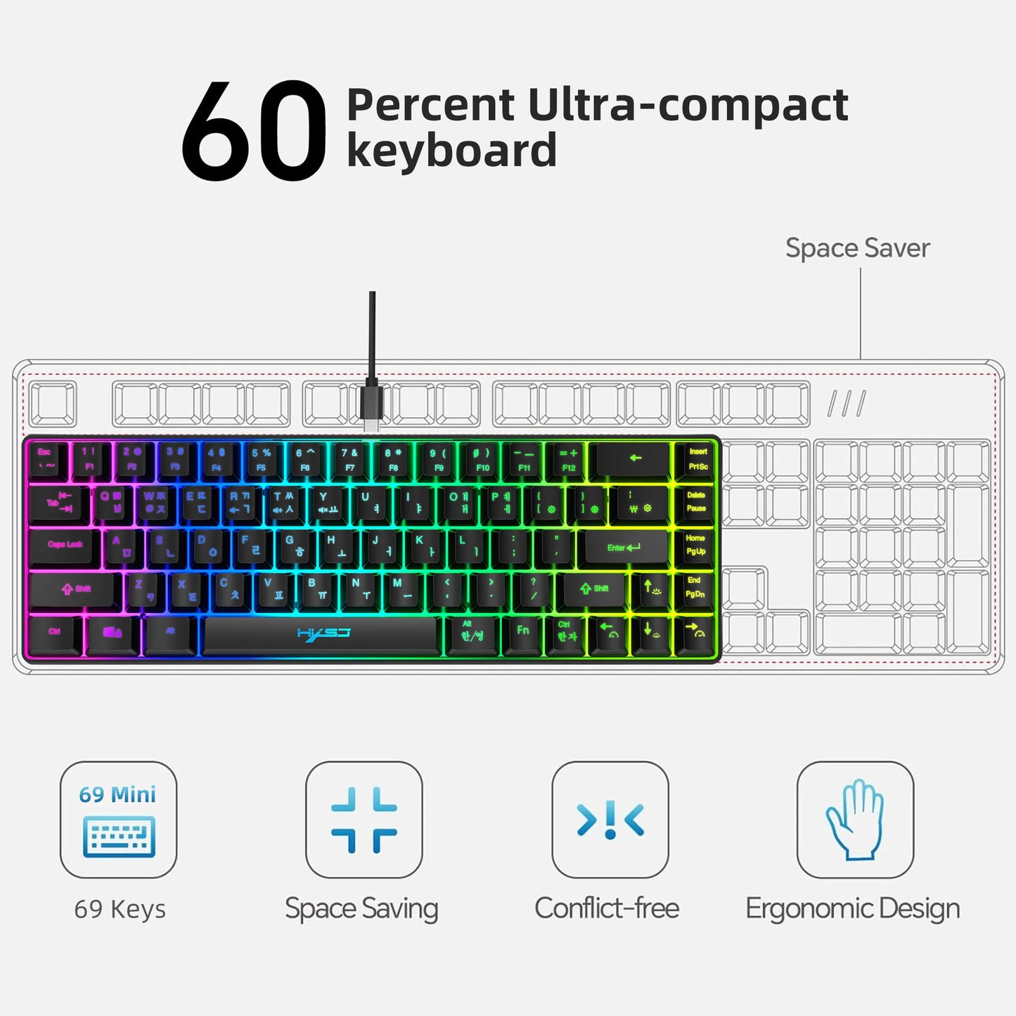 Tragbare HXSJ V200 68-Tasten-Gaming-Tastatur mit koreanischem Layout, 65%, kabelgebundene Office-Membrantastatur mit RGB-Hintergrundbeleuchtung für Desktop-PCs und Laptops
