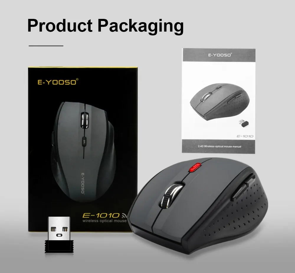 E-YOOSO E-1010 USB 2.4G bezdrátová herní a kancelářská myš, optická herní myš 2400 DPI, ergonomická pro notebook, PC a počítač