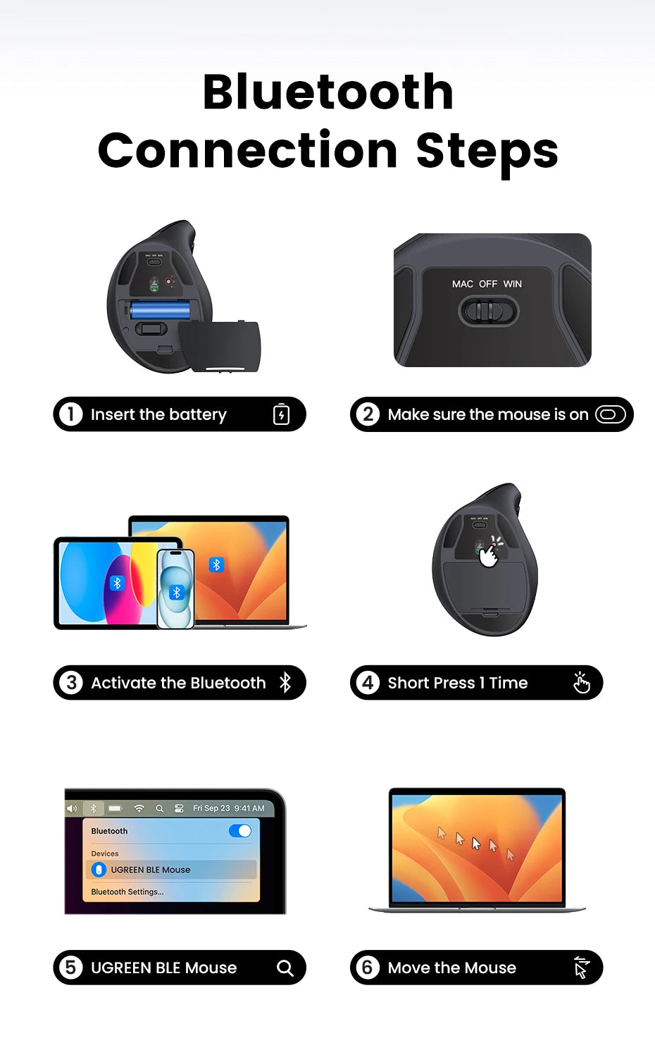 Mouse Wireless Bluetooth5.0 2.4G Ergonomic 4000DPI 6 Mute Buttons for MacBook Tablet Laptops Computer PC Mice