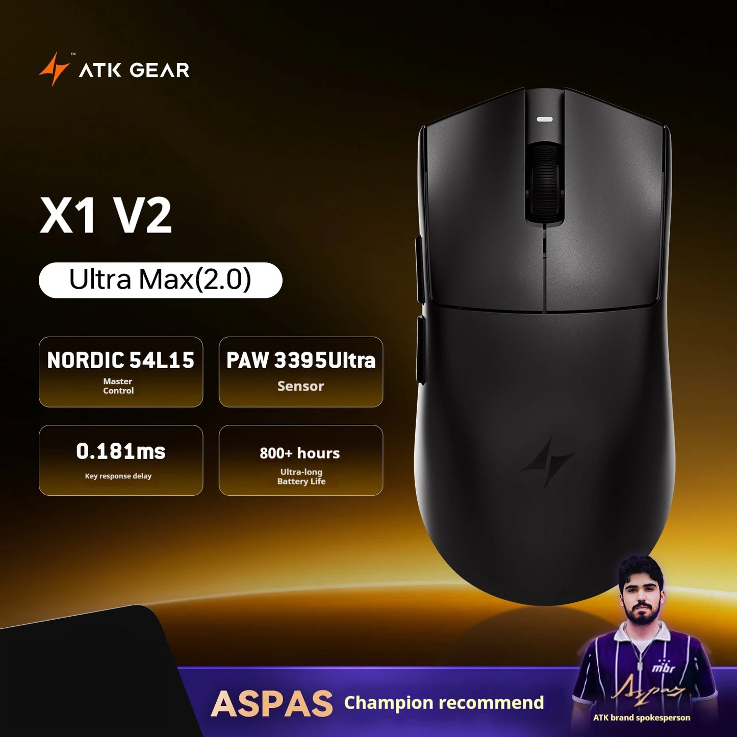 Mouse gaming wireless ATK X1 V2 Ultimate 2.0 Paw3950 Ultra, 54g, ușor, 750ips, latență redusă 0.163ms, 650ips, accesoriu nou, cadou