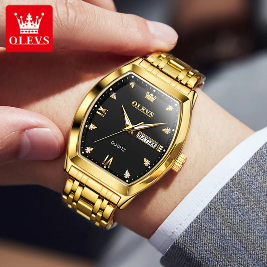 Montre pour homme OLEVS, modèle de luxe de forme tonneau, montre à quartz de grande marque, étanche, avec affichage du jour et de la date, et aiguilles luminescentes.