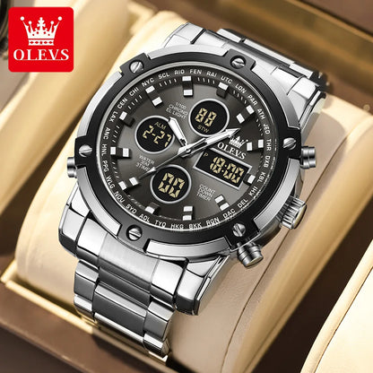 Montre pour homme OLEVS – Montre-bracelet à quartz, étanche, en acier inoxydable, avec affichage LED – Style sportif et tendance (modèle 1106)