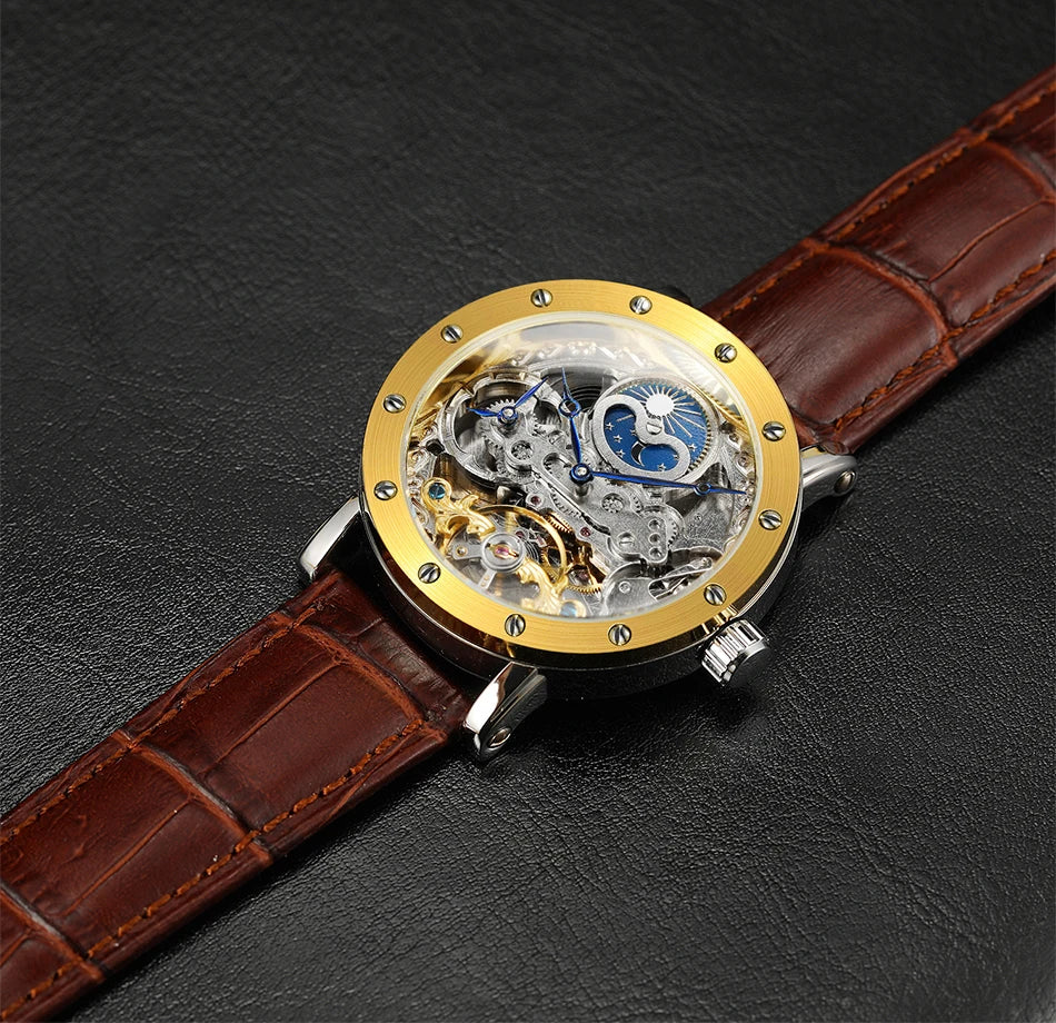 Reloj de pulsera mecánico automático SKROX para hombre, modelo esqueleto con función GMT, fase lunar y tourbillon: reloj de lujo de alta gama, elegante y original.