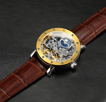 Reloj de pulsera mecánico automático SKROX para hombre, modelo esqueleto con función GMT, fase lunar y tourbillon: reloj de lujo de alta gama, elegante y original.