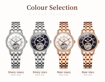 OLEVS Women’s Luxury Automatic Skeleton Watch  Starry Sky Stainless Steel Mechanical Wristwatch