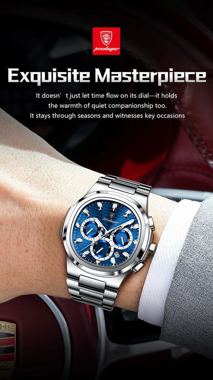 POEDAGAR Men’s Luxury Stainless Steel Quartz Watch  Waterproof Chronograph with Luminous Dial & Date