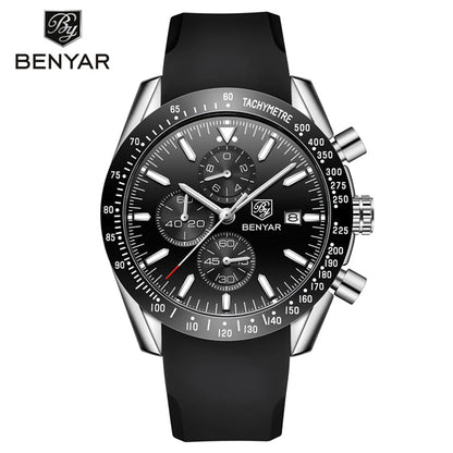 Relojes de lujo para hombre BENYAR: relojes de pulsera de cuarzo con correa de piel, resistentes al agua hasta 30 m, estilo deportivo.
