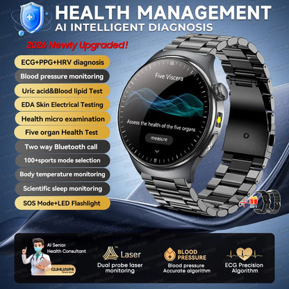 2026 AI Health Smartwatch ECG + PPG, Blood Pressure, Uric Acid & Body Fat Monitoring, AMOLED Display & Bluetooth Calling
