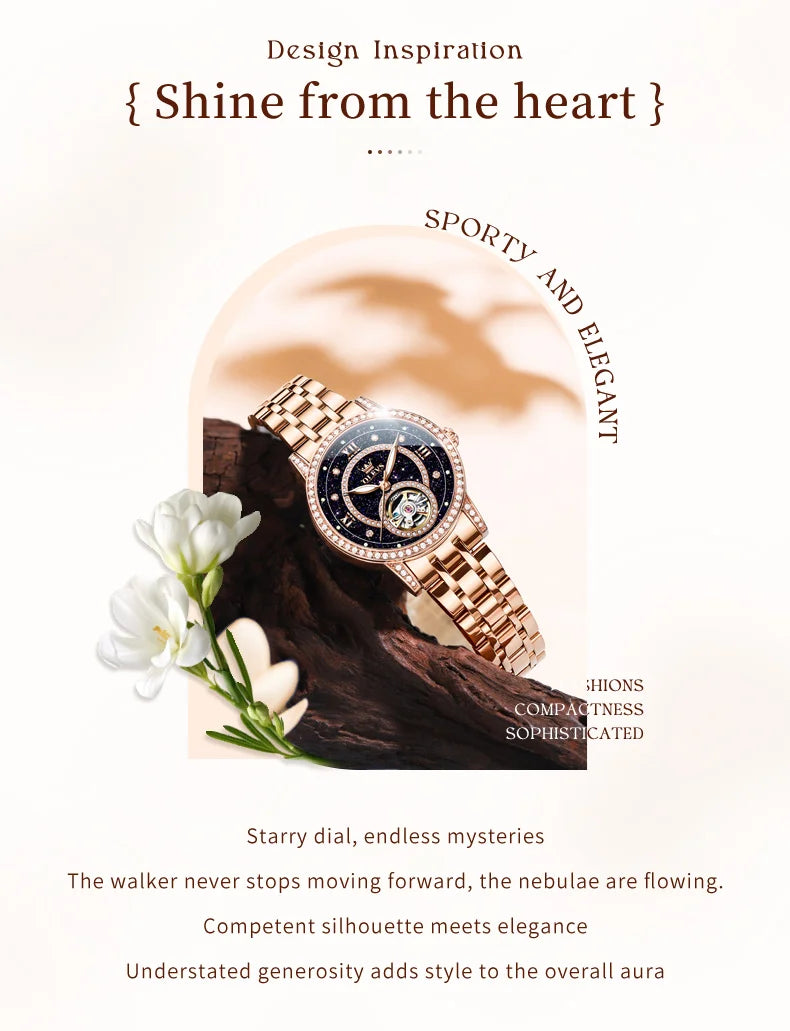OLEVS Women’s Luxury Automatic Skeleton Watch  Starry Sky Stainless Steel Mechanical Wristwatch