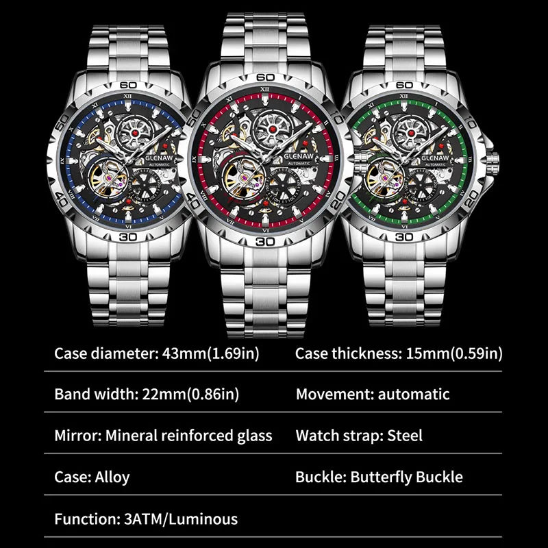 GLENAW Steampunk Skeleton Men's Watch Ring Luxury Automatic Mechanical Watches Luminous Waterproof Stainless Steel Strap Watch