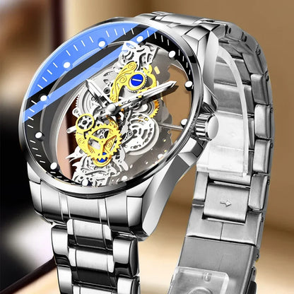 Trendové pánské hodinky, model s dvojitým víčkem, luxusní zlatý styl, imitace mechanického tourbillonu, quartzový strojek.