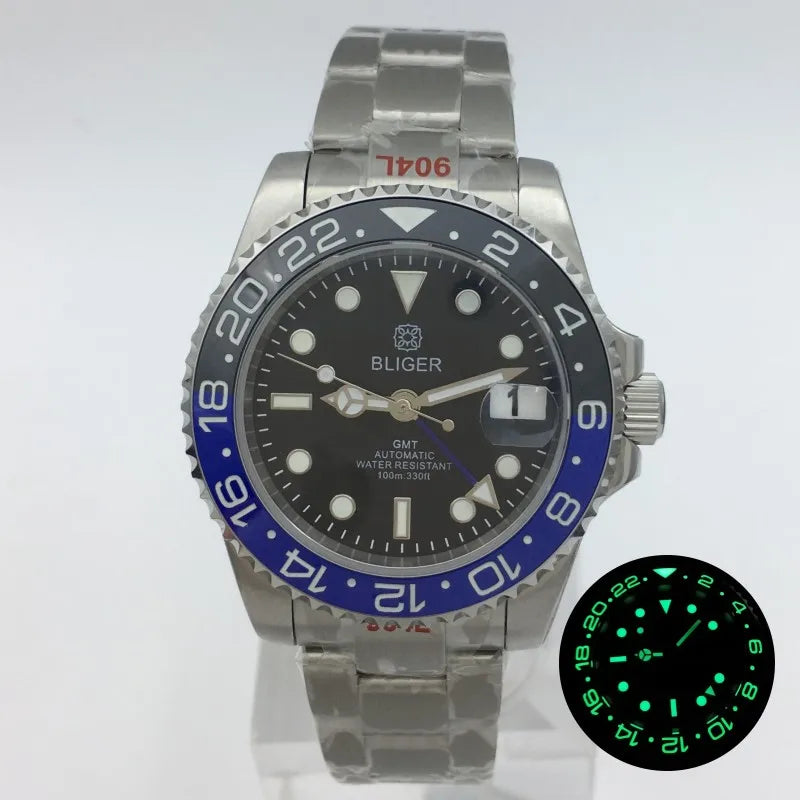 BLIGER 40mm NH34 GMT Watch For Men Mechanical Wristwatch Luminous Bezel Sapphire Glass Stainless Steel Bracelet Reloj Hombre