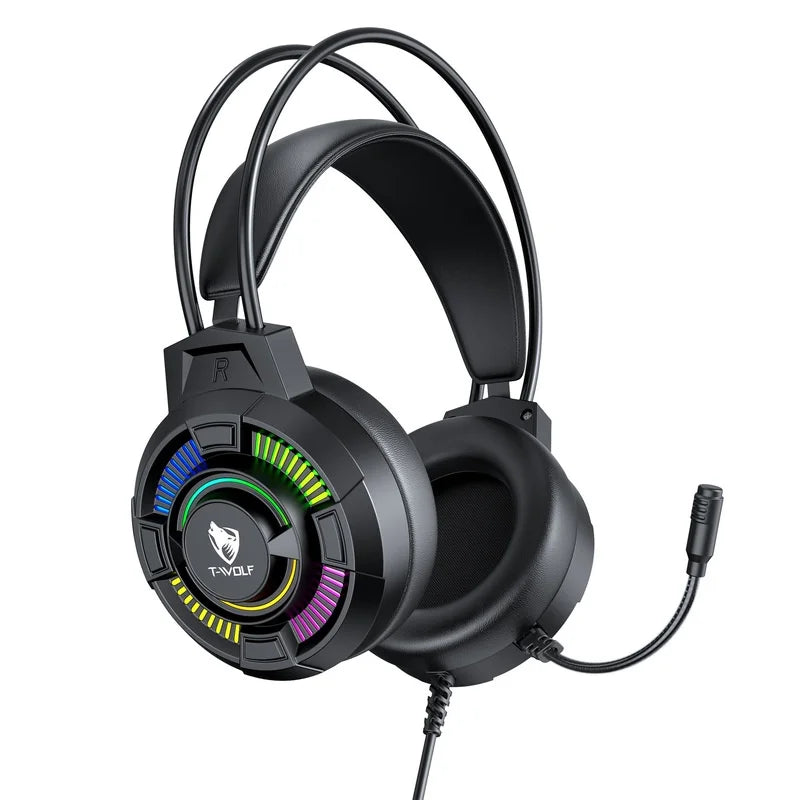 Casque de jeu T-Wolf H140, filaire, éclairage LED RVB, son surround 7.1, casque supra-auriculaire avec micro pour PC, ordinateur portable, joueurs sur ordinateur de bureau