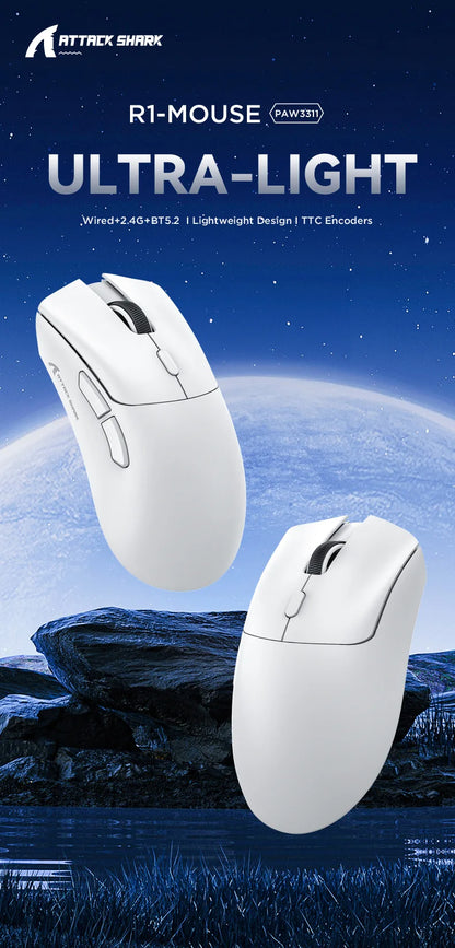 Mouse gaming wireless Attack Shark R1 leggero Bluetooth 2.4G PAW3311 18000DPI ergonomico con macro